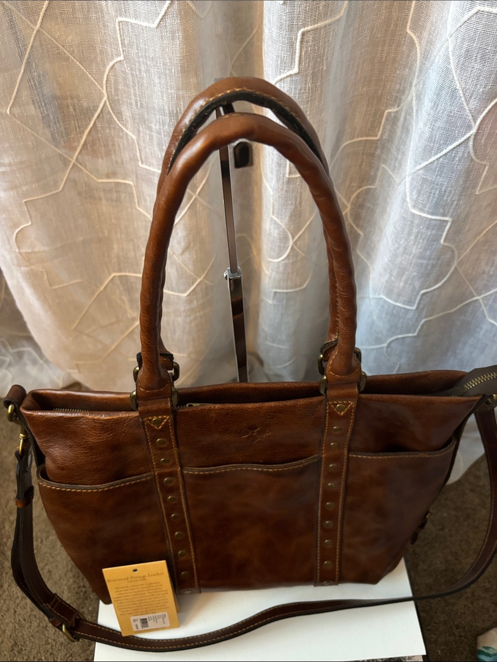 Distressed Brown Leather Tote Bag with Stud Details by Patricia Nash - Picture 4 of 15